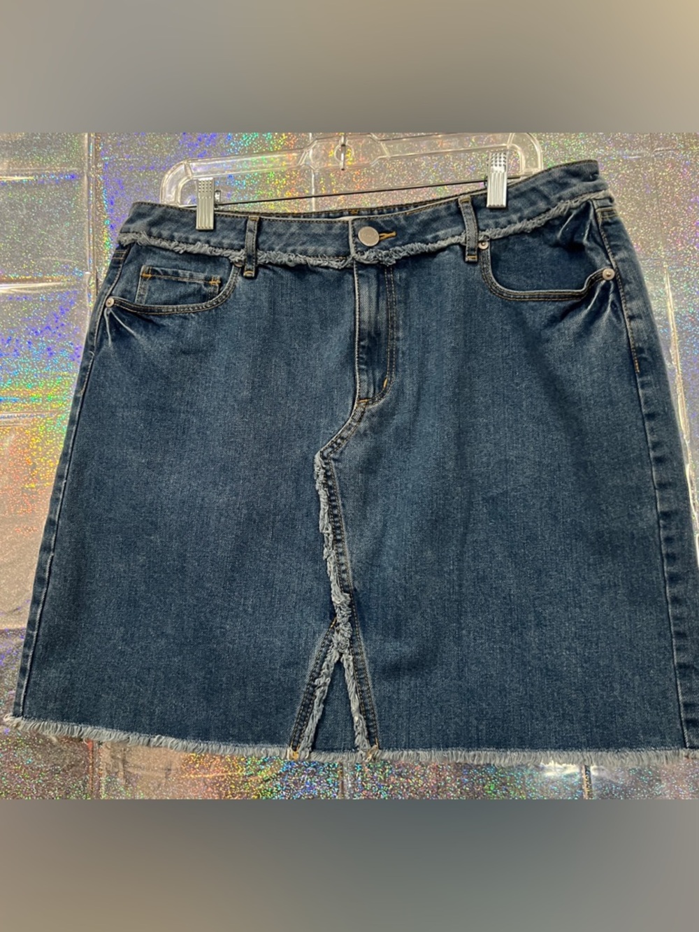 LOFT Frayed Denim Mini Skirt | Raw Hem Distressed Blue Jean Skirt